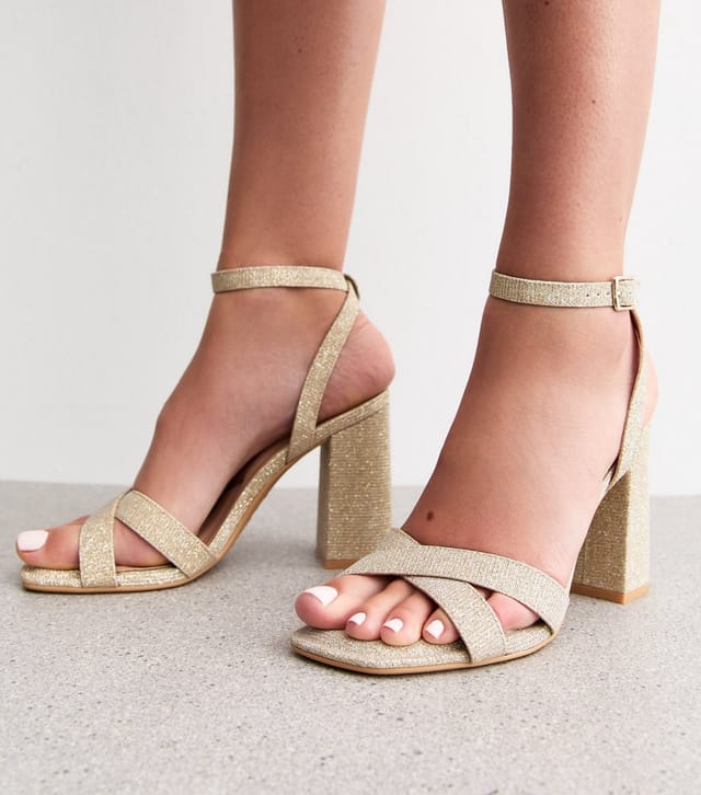 New Look Women's Gold Shimmery Block Heel Sandals Vegan New Look - 2
