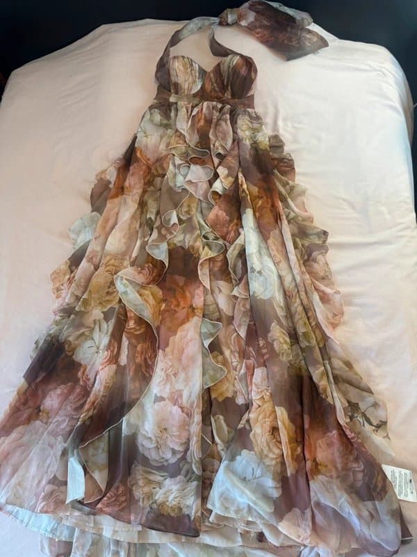 ASOS ASOS Luxe halter maxi dress with waterfall ruffles in brown floral print RRP £120