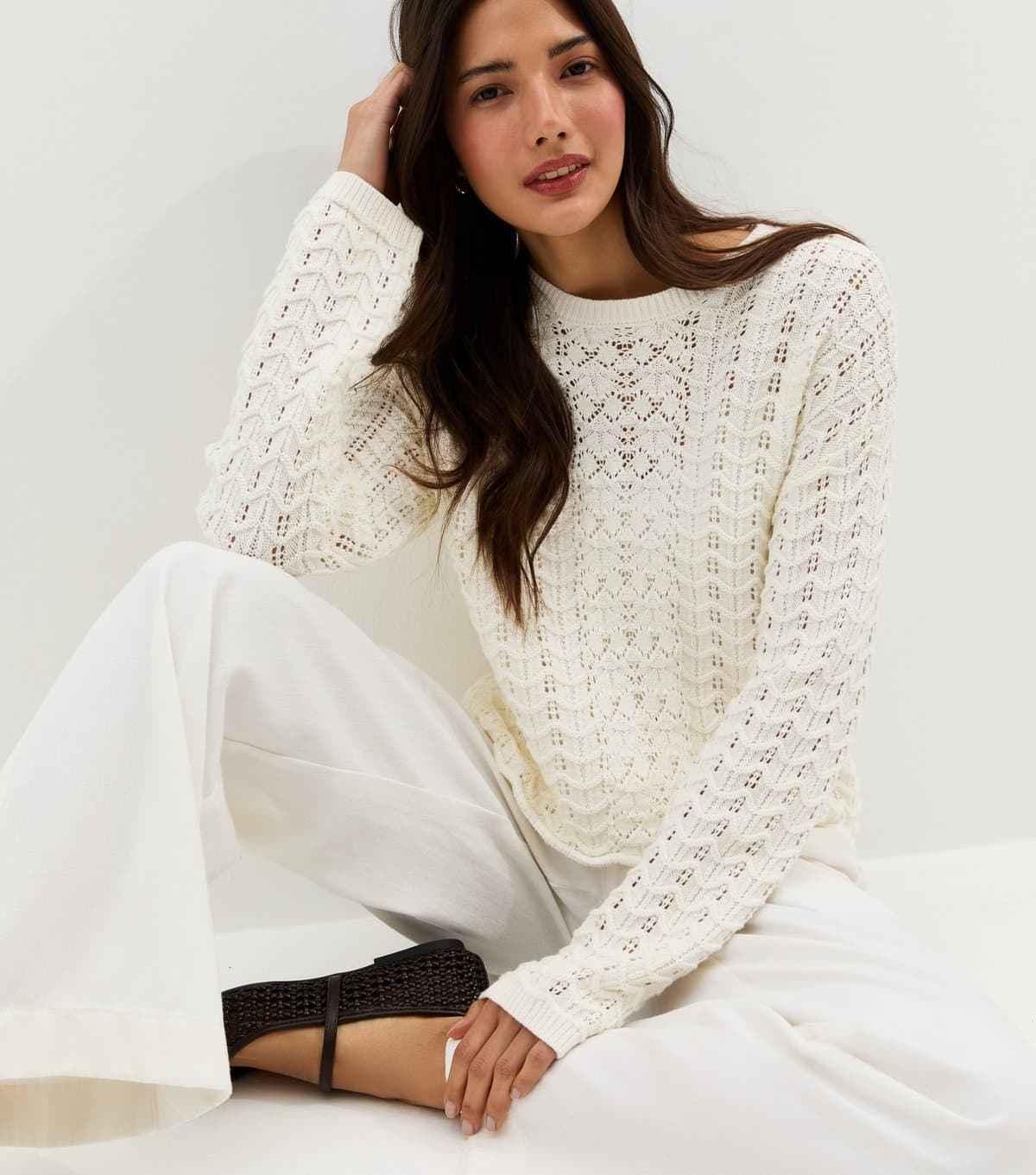 New Look Women's Cream Cotton Rich Open Stitch Jumper New Look
