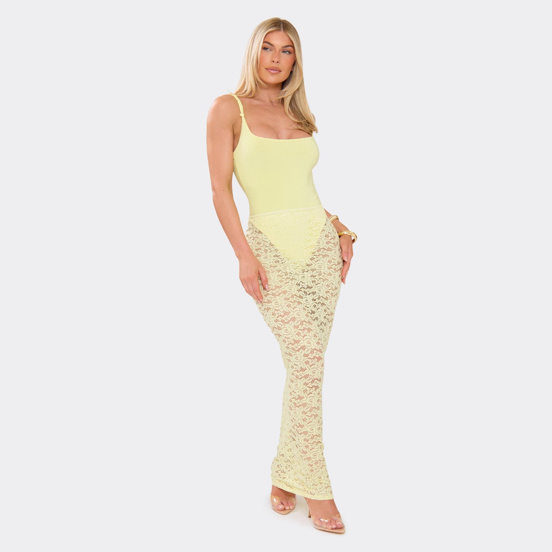 EGO Low Waist Detail Maxi Skirt In Lemon Lace, Women's Size UK 6