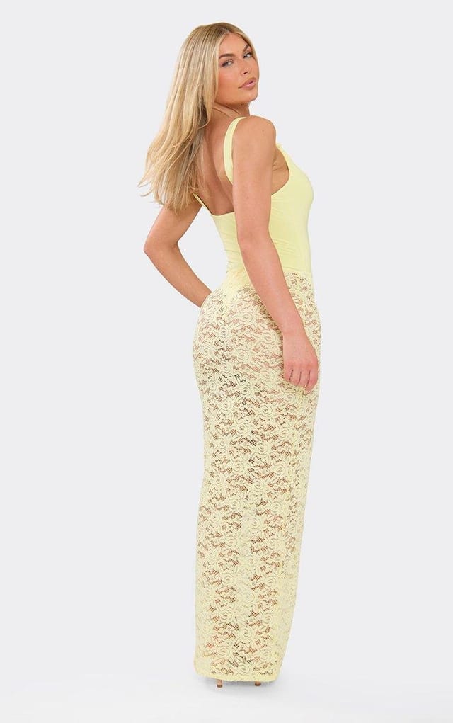 EGO Low Waist Detail Maxi Skirt In Lemon Lace, Women's Size UK 6 - 2