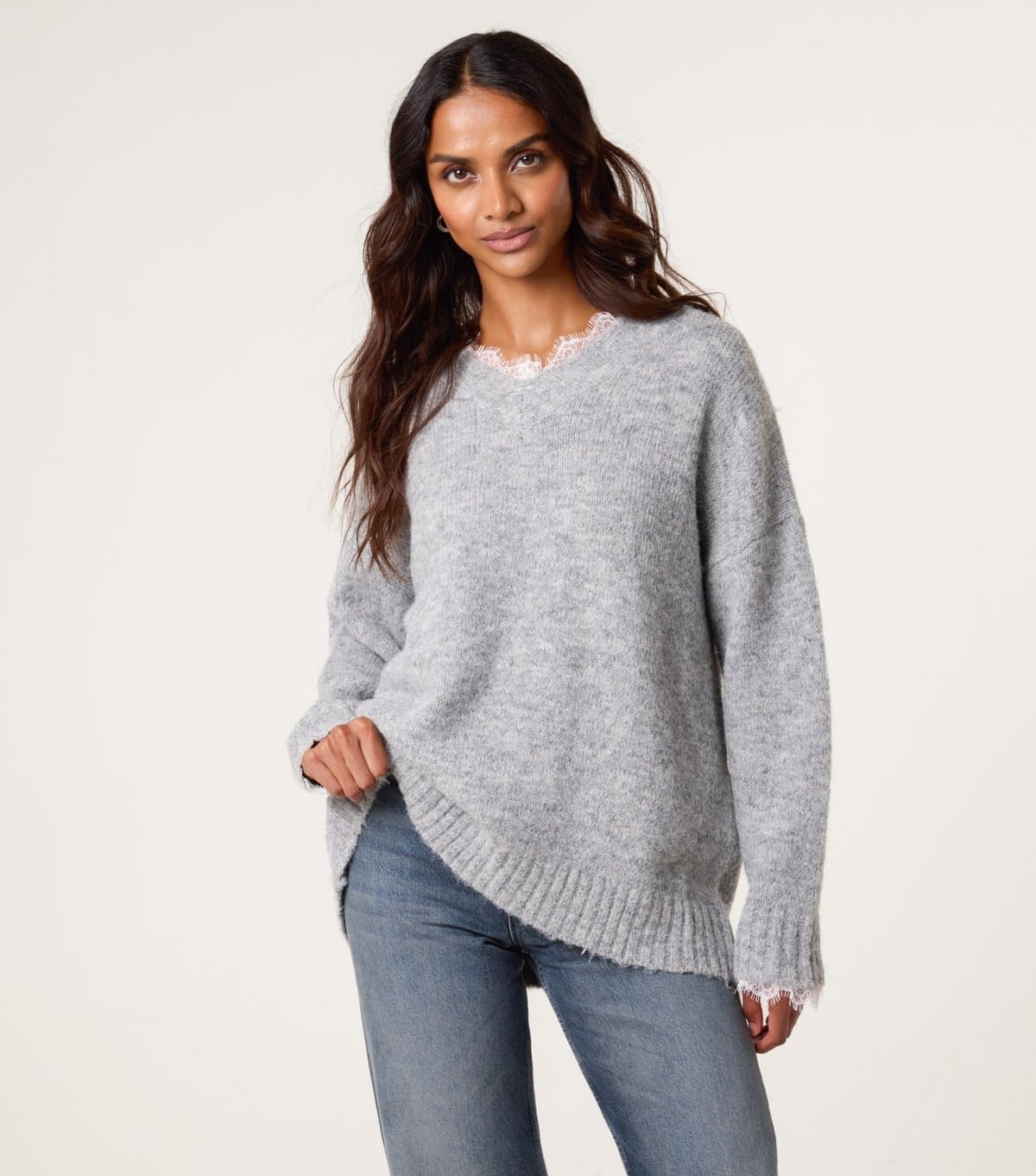 Blue Vanilla Women's Grey Lace Trim V-Neck Jumper Blue Vanilla New Look