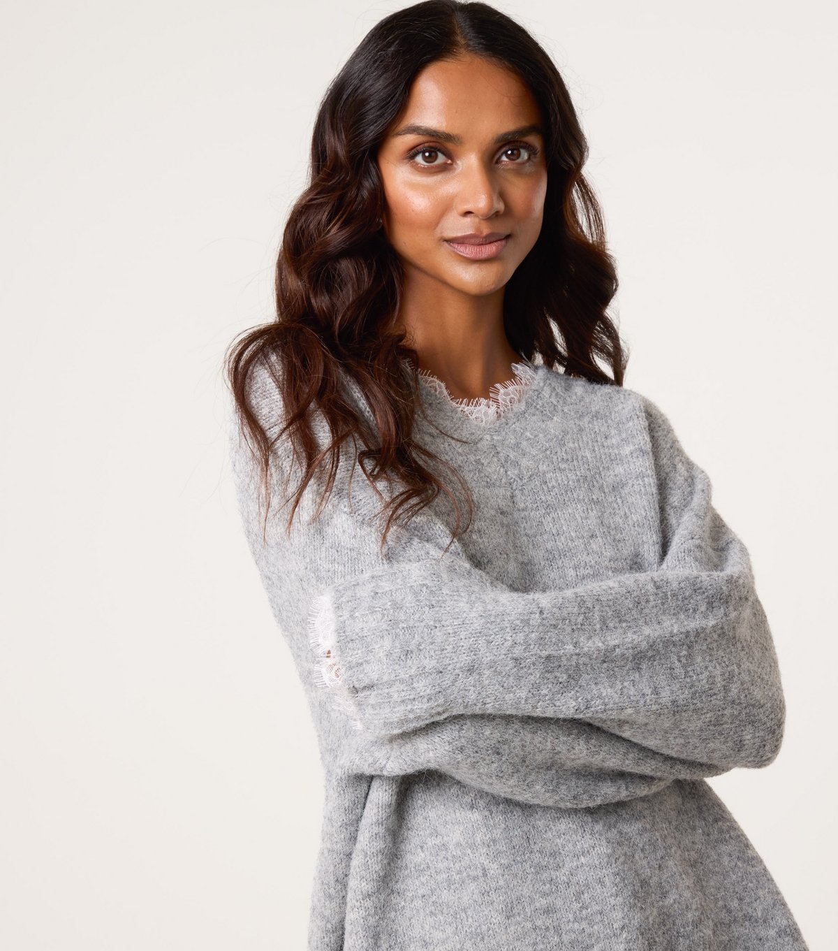 Blue Vanilla Women's Grey Lace Trim V-Neck Jumper Blue Vanilla New Look - 3