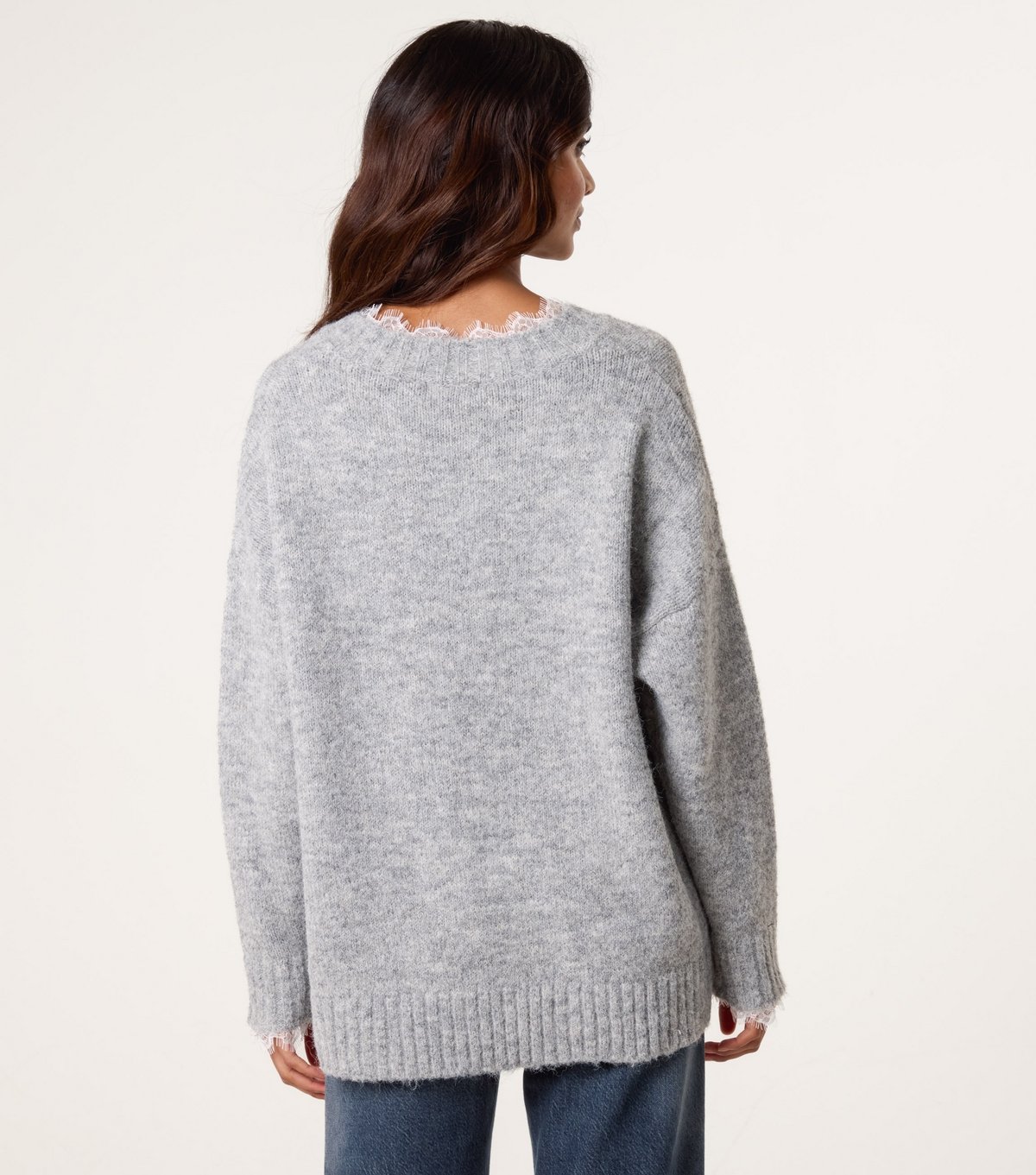 Blue Vanilla Women's Grey Lace Trim V-Neck Jumper Blue Vanilla New Look - 4