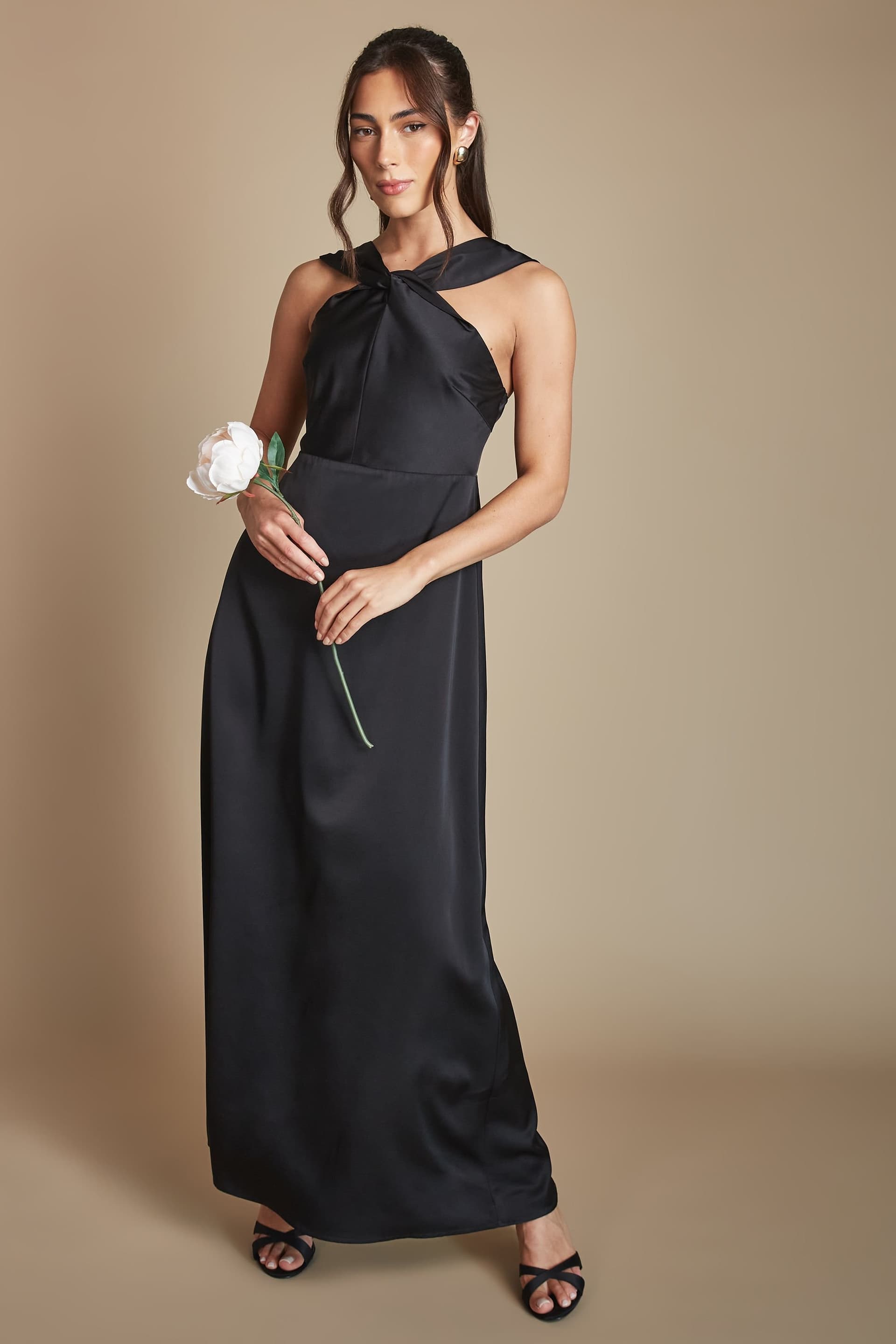 Coast Coast Women's Petite Twisted Halterneck Satin Maxi Bridesmaid Dress in Black