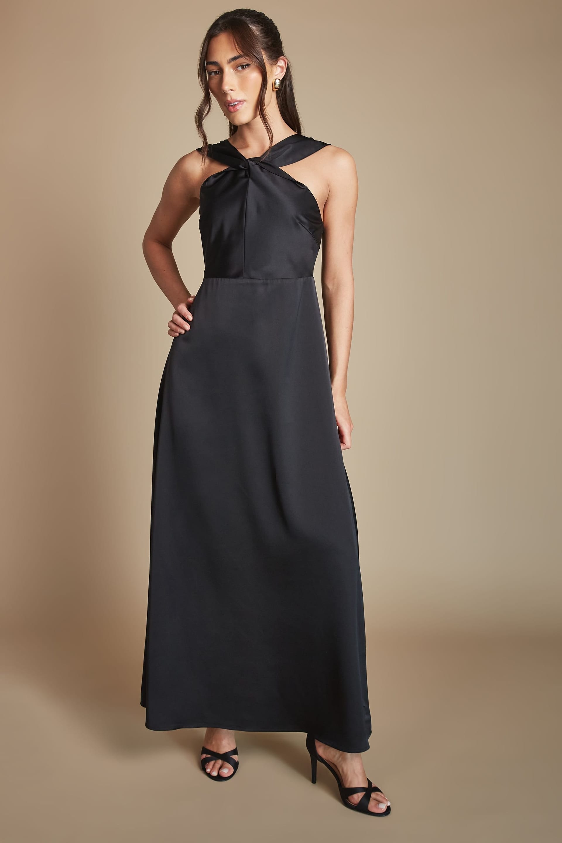 Coast Coast Women's Petite Twisted Halterneck Satin Maxi Bridesmaid Dress in Black - 4