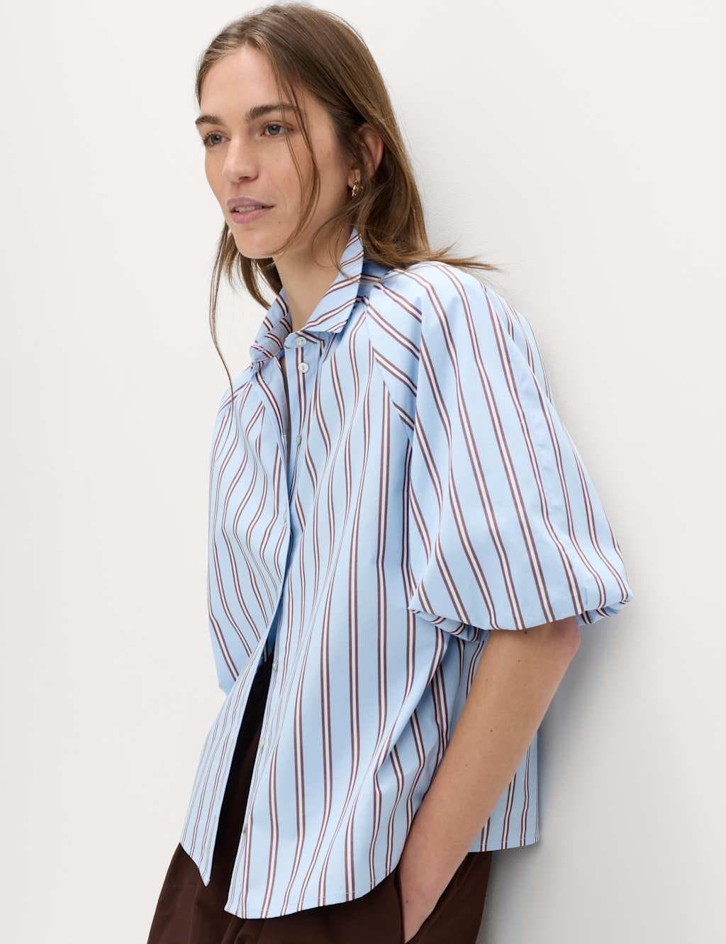 Marks & Spencer M&S Pure Cotton Striped Puff Sleeve Shirt Brown Mix