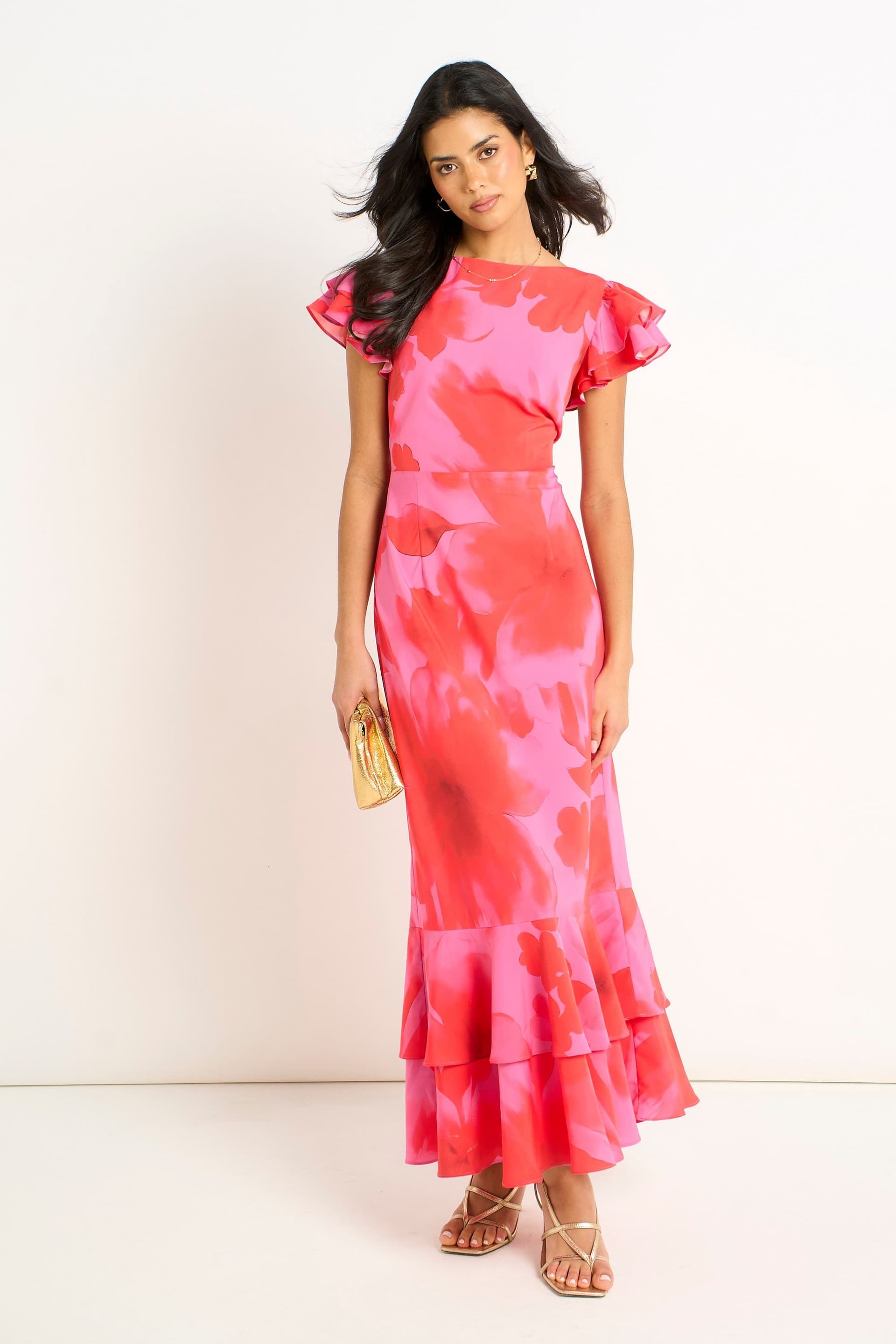 Gini London Gini London Women's Pink Watercolor Floral Print Ruffle Midaxi Dress