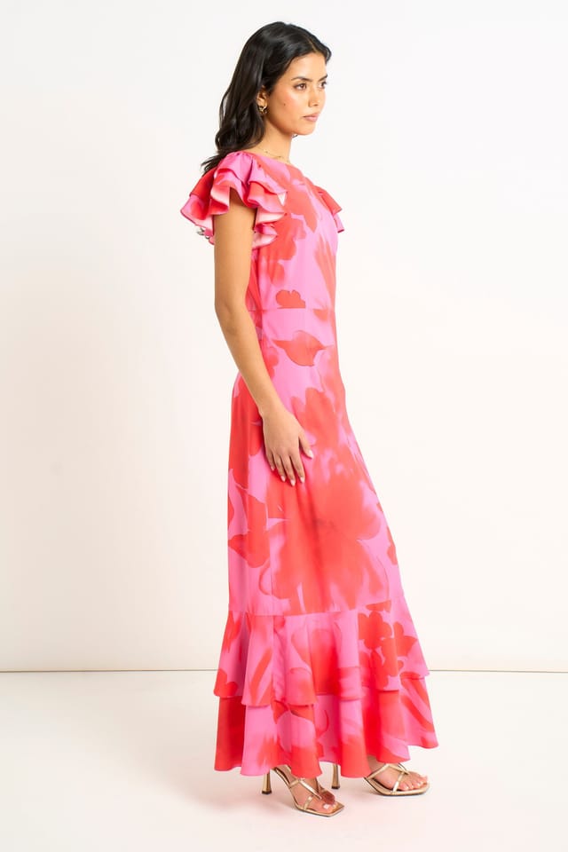 Gini London Gini London Women's Pink Watercolor Floral Print Ruffle Midaxi Dress - 3