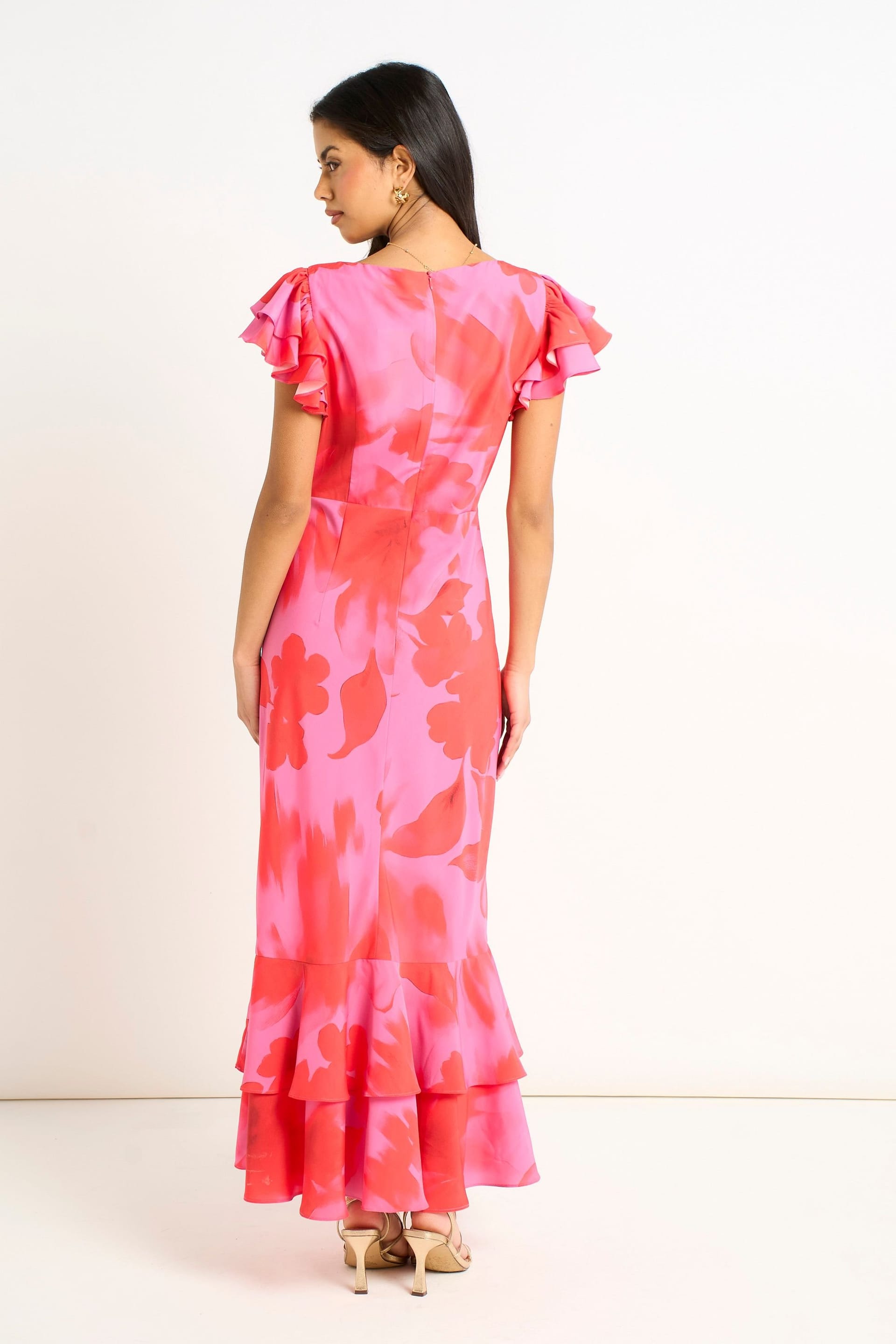 Gini London Gini London Women's Pink Watercolor Floral Print Ruffle Midaxi Dress - 4