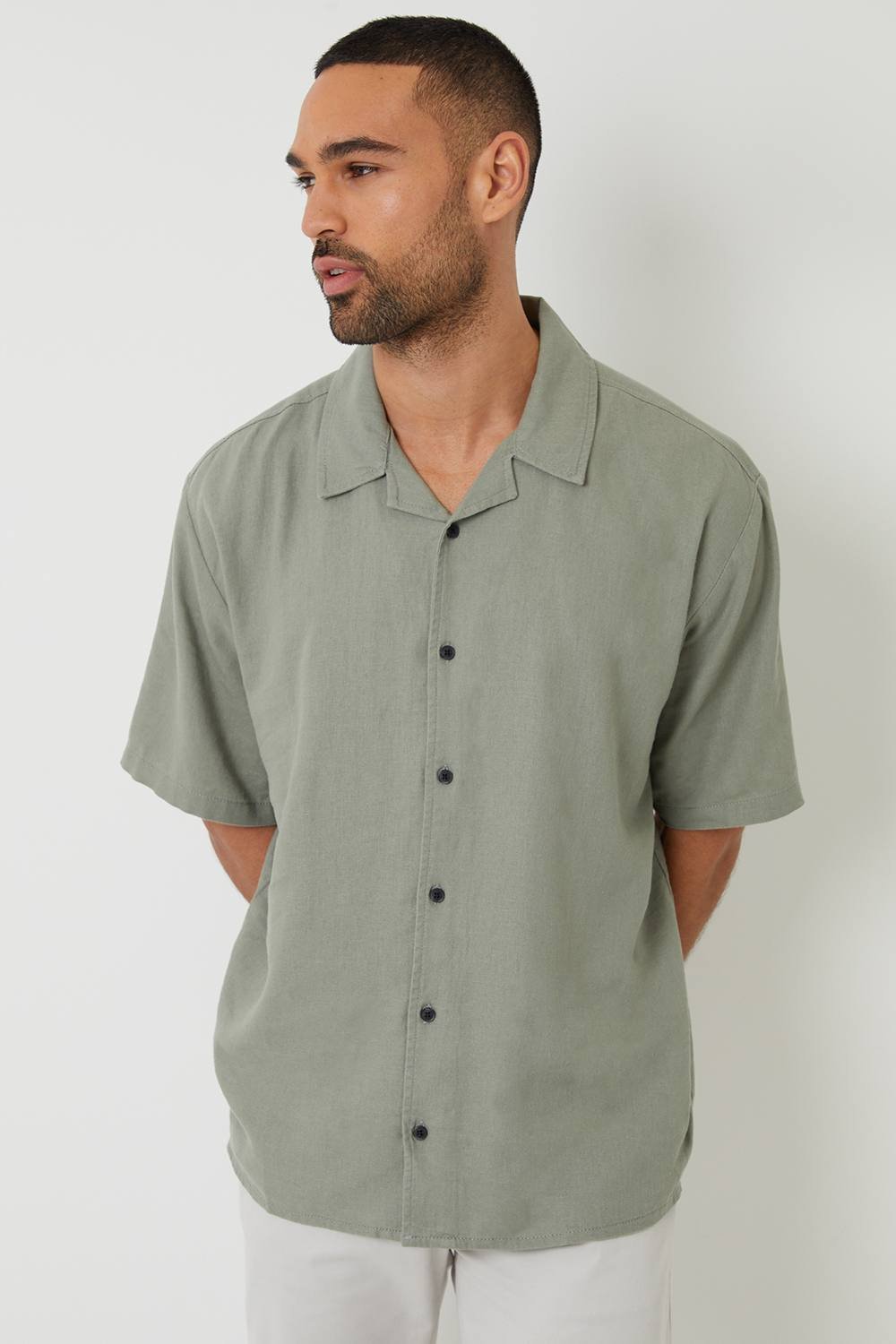 Threadbare Threadbare Men's 'Kylian' Linen Blend Revere Collar Short Sleeve Shirt in Pale Green - 2