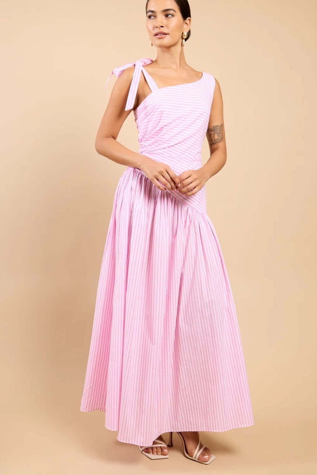 Little Mistress Little Mistress Women's Pink Stripe Asymmetric Midaxi Dress