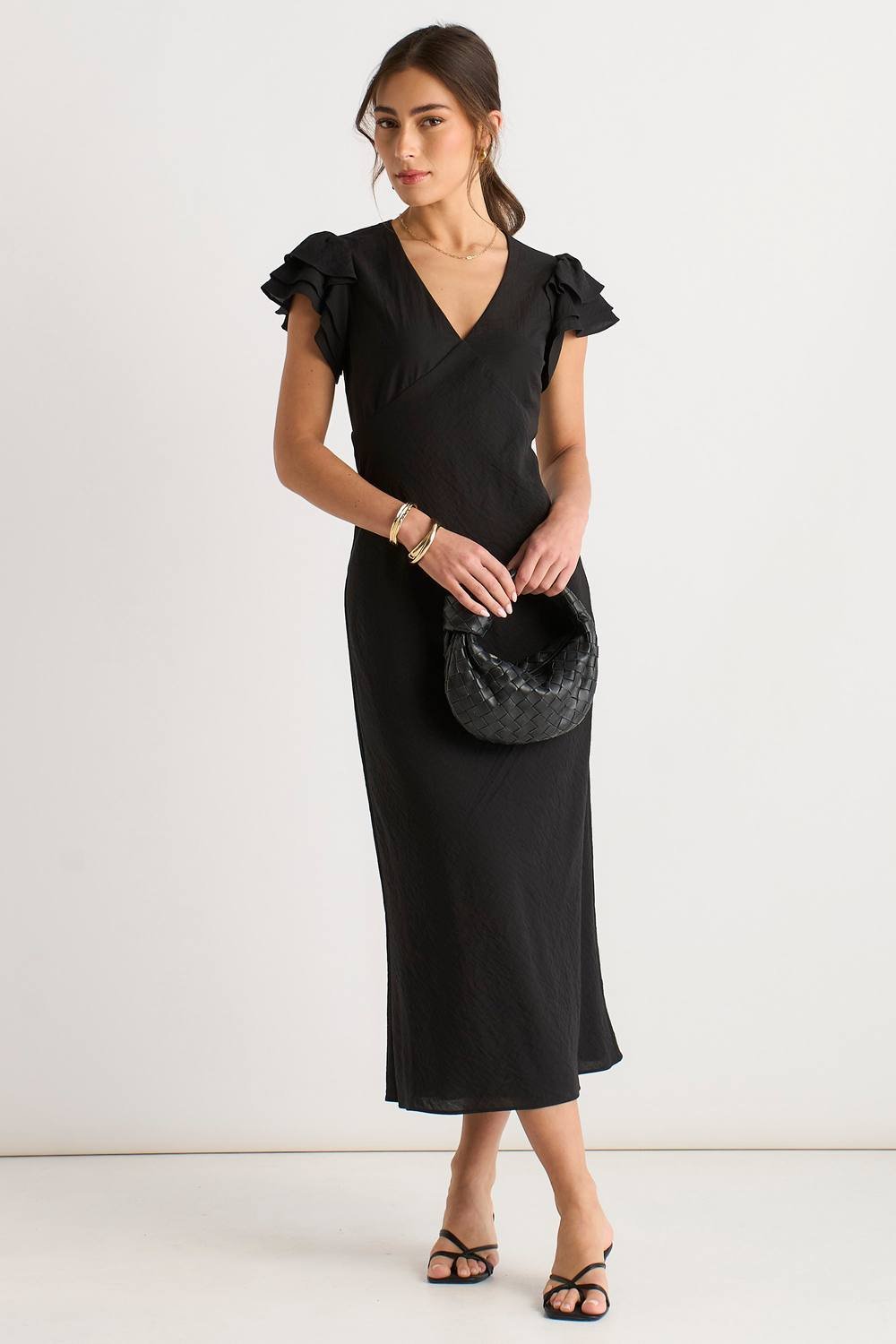 Gini London Gini London Women's Black V Neck Ruffle Bias Midi Dress - 4