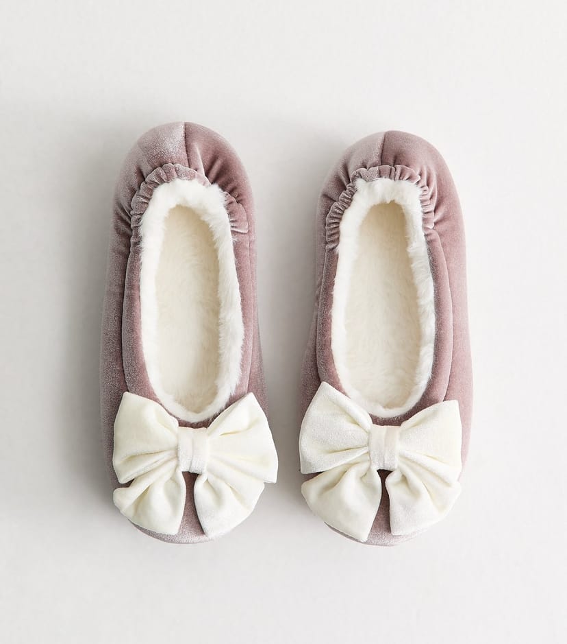 New Look Women's Purple Velvet Top Bow Ballet Slippers Vegan New Look - 1