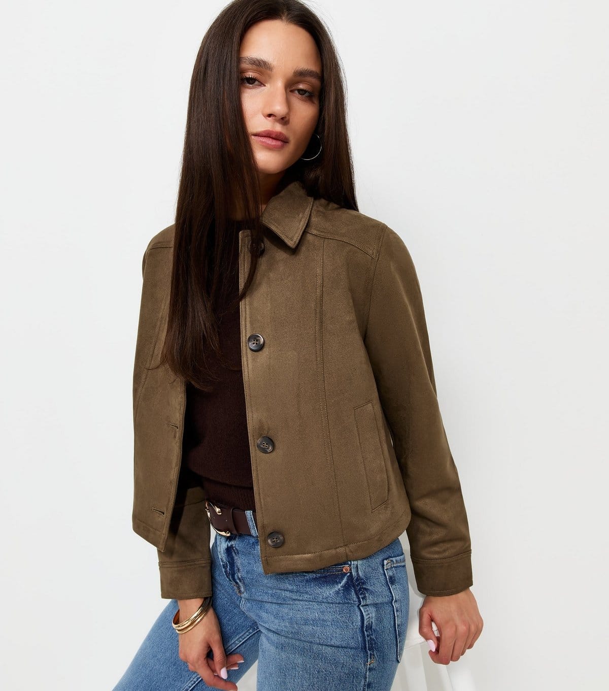 New Look Dark Khaki Faux Suede Shacket