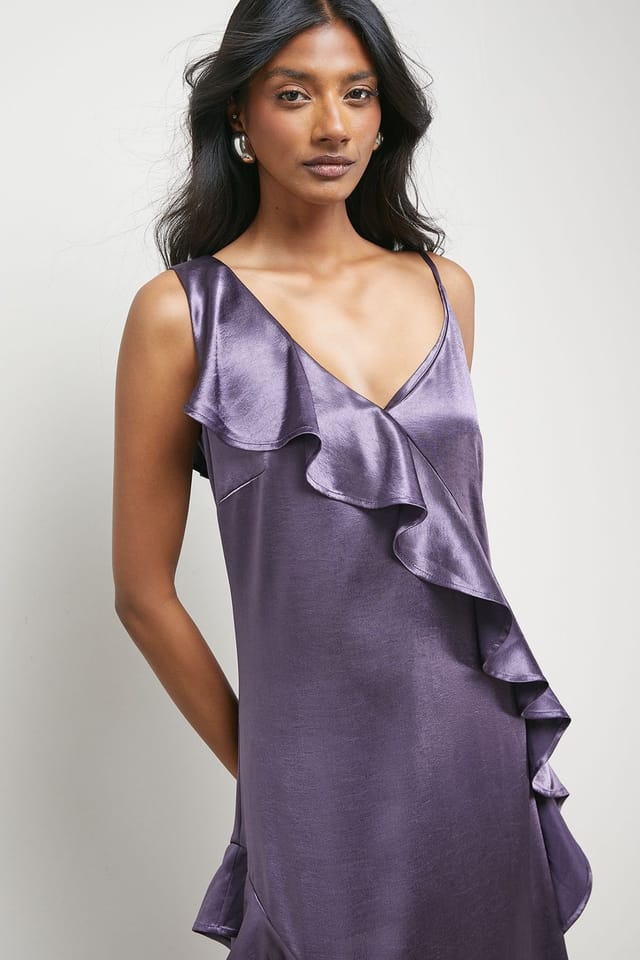 Warehouse Warehouse Women's Metallic Satin Ruffle High Apex Midi Slip Dress in Mauve - 2