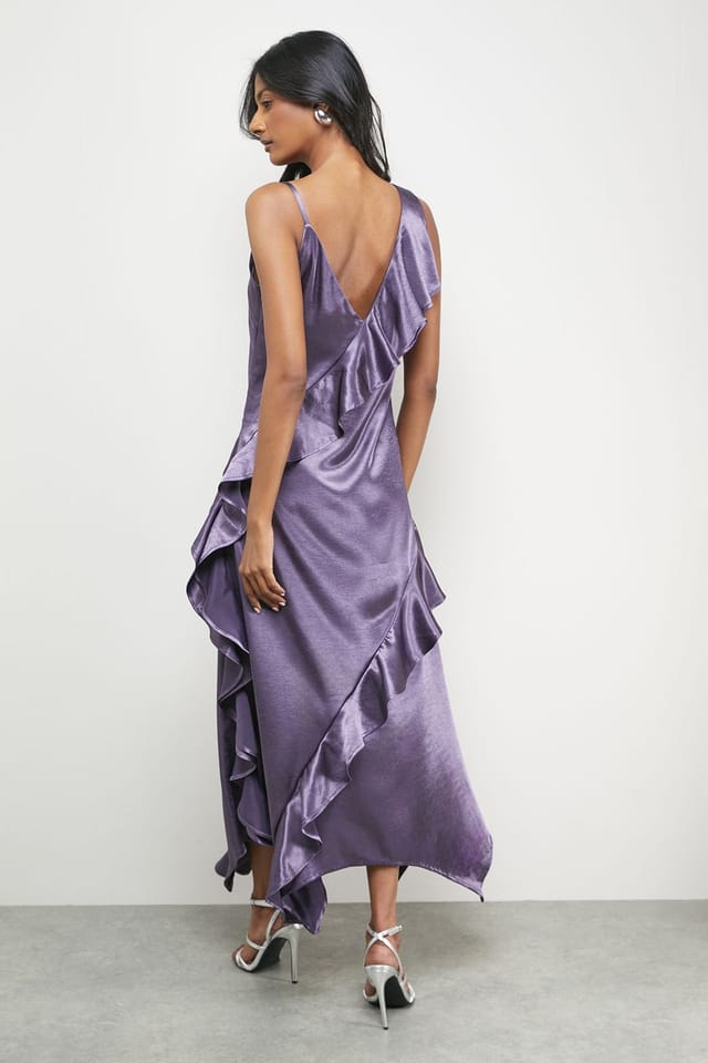 Warehouse Warehouse Women's Metallic Satin Ruffle High Apex Midi Slip Dress in Mauve - 3