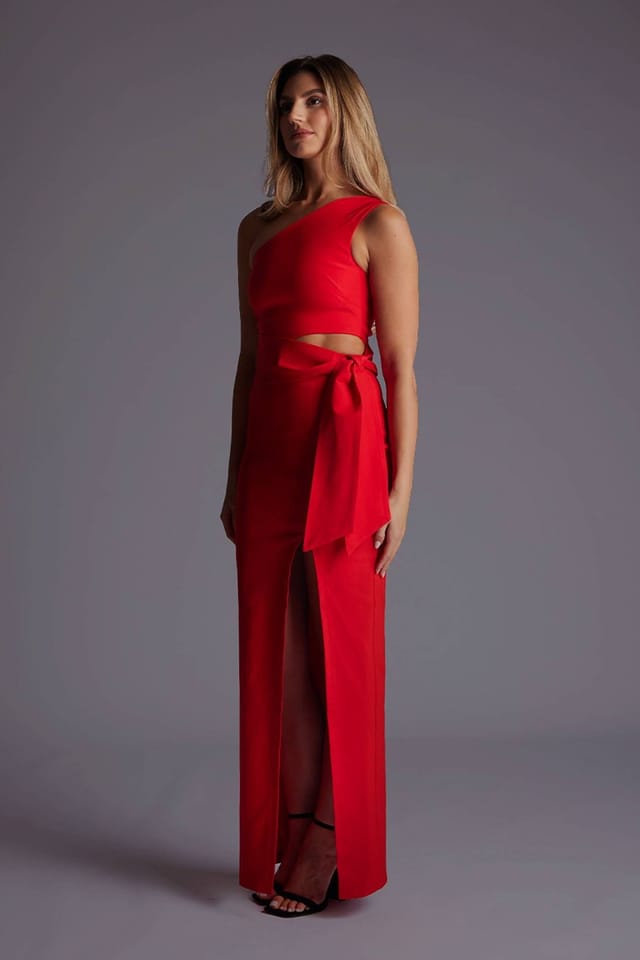 Vesper Vesper Women's One Shoulder Maxi Dress with Thigh Split in Red - 2