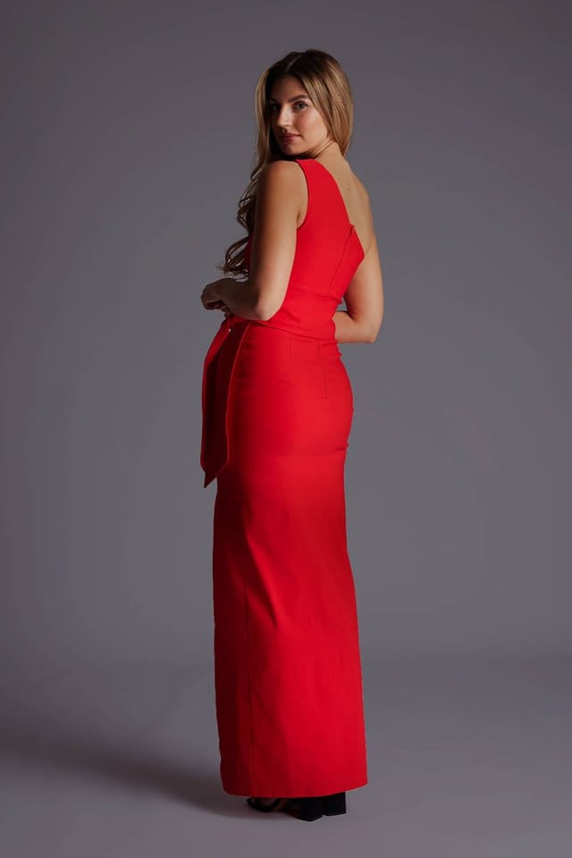 Vesper Vesper Women's One Shoulder Maxi Dress with Thigh Split in Red - 3