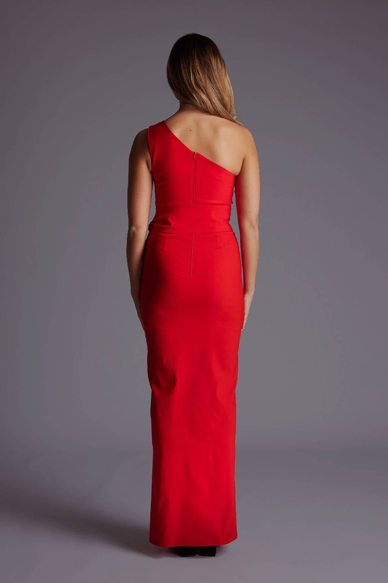Vesper Vesper Women's One Shoulder Maxi Dress with Thigh Split in Red - 4