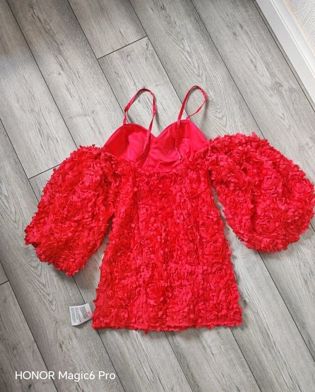 ASOS ASOS Luxe Red 3D Flower Mini Dress Puff Sleeves Size 8 BNWT