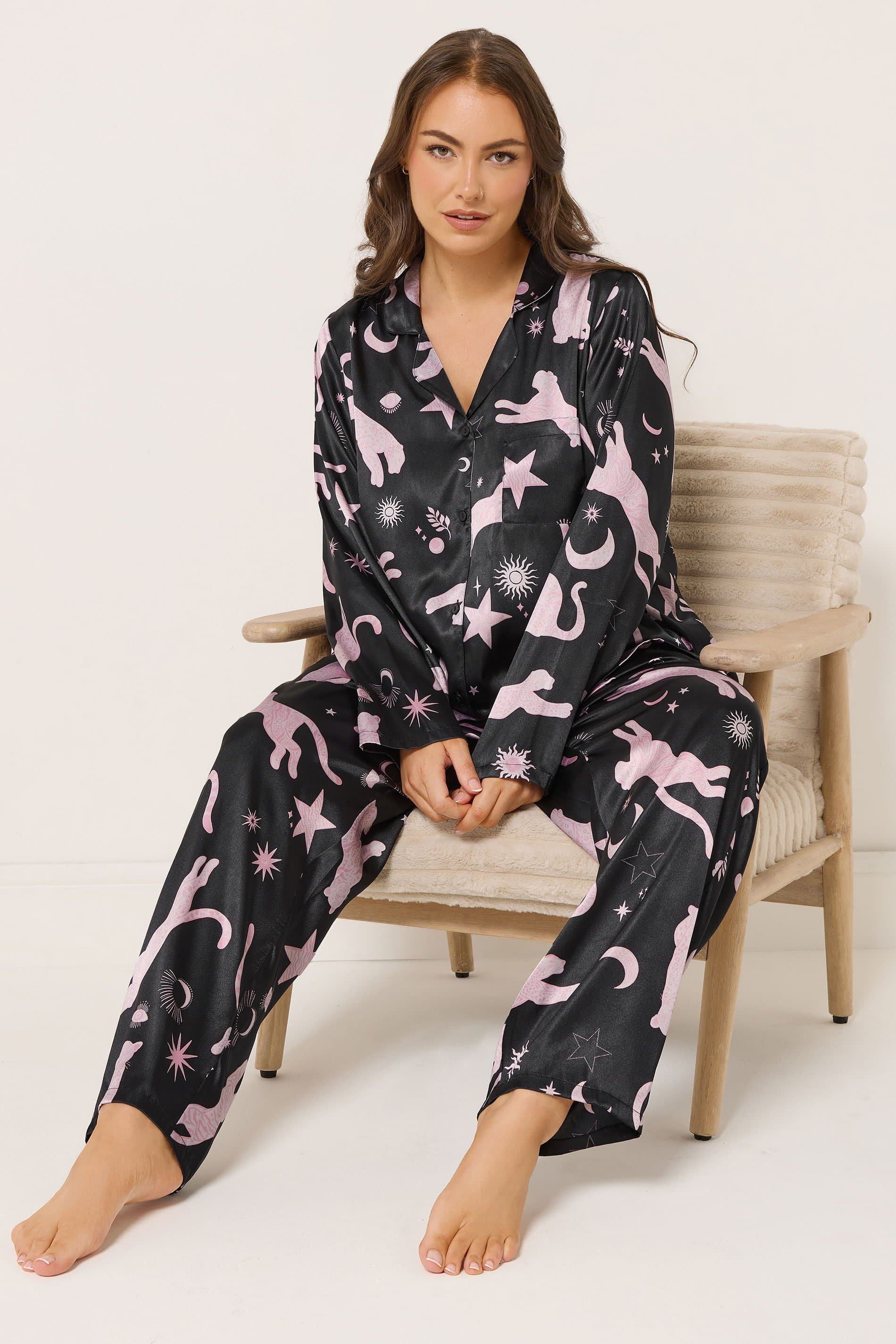 Yours Plus Size Black Leopard Satin Pyjama Set
