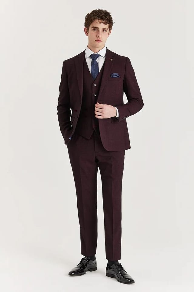 Paul Andrew Paul Andrew Men's Regent 3 Piece Suit Prince Of Wales Check Tailored Fit Formal Dress in Wine - 2