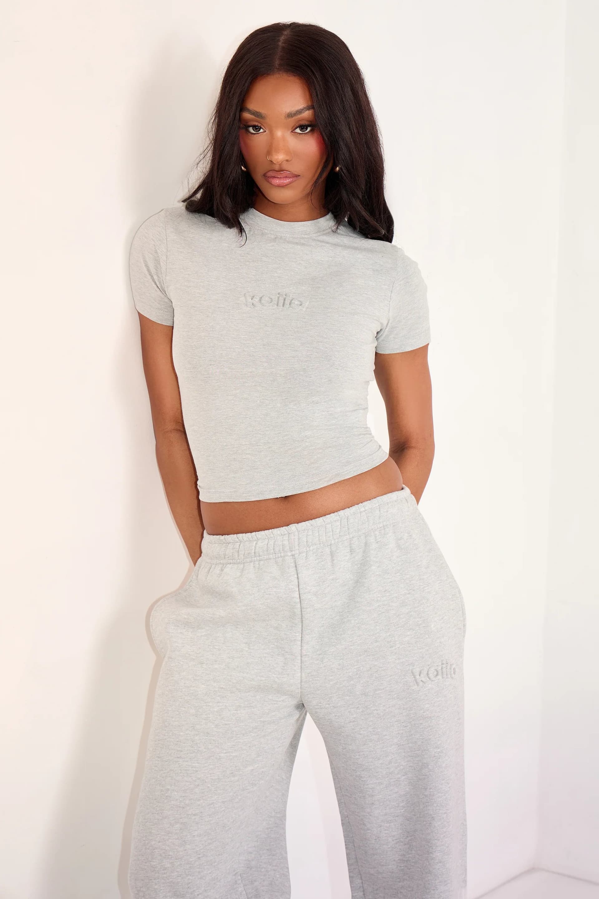 Kaiia Kaiia Embossed Logo Baby Tee Mid Grey Marl