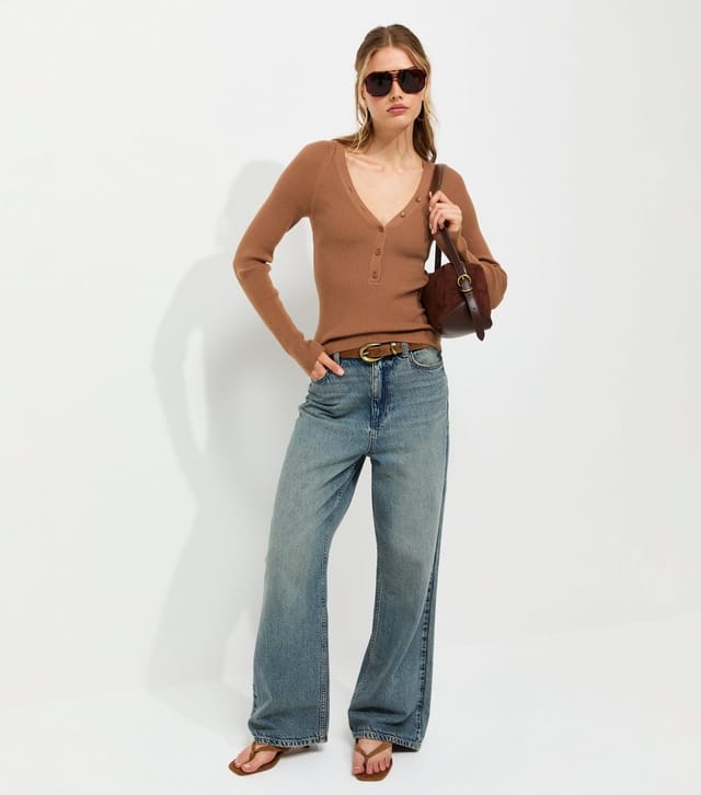 New Look Women's Brown Ribbed Knit Lightweight Henley Top New Look - 3