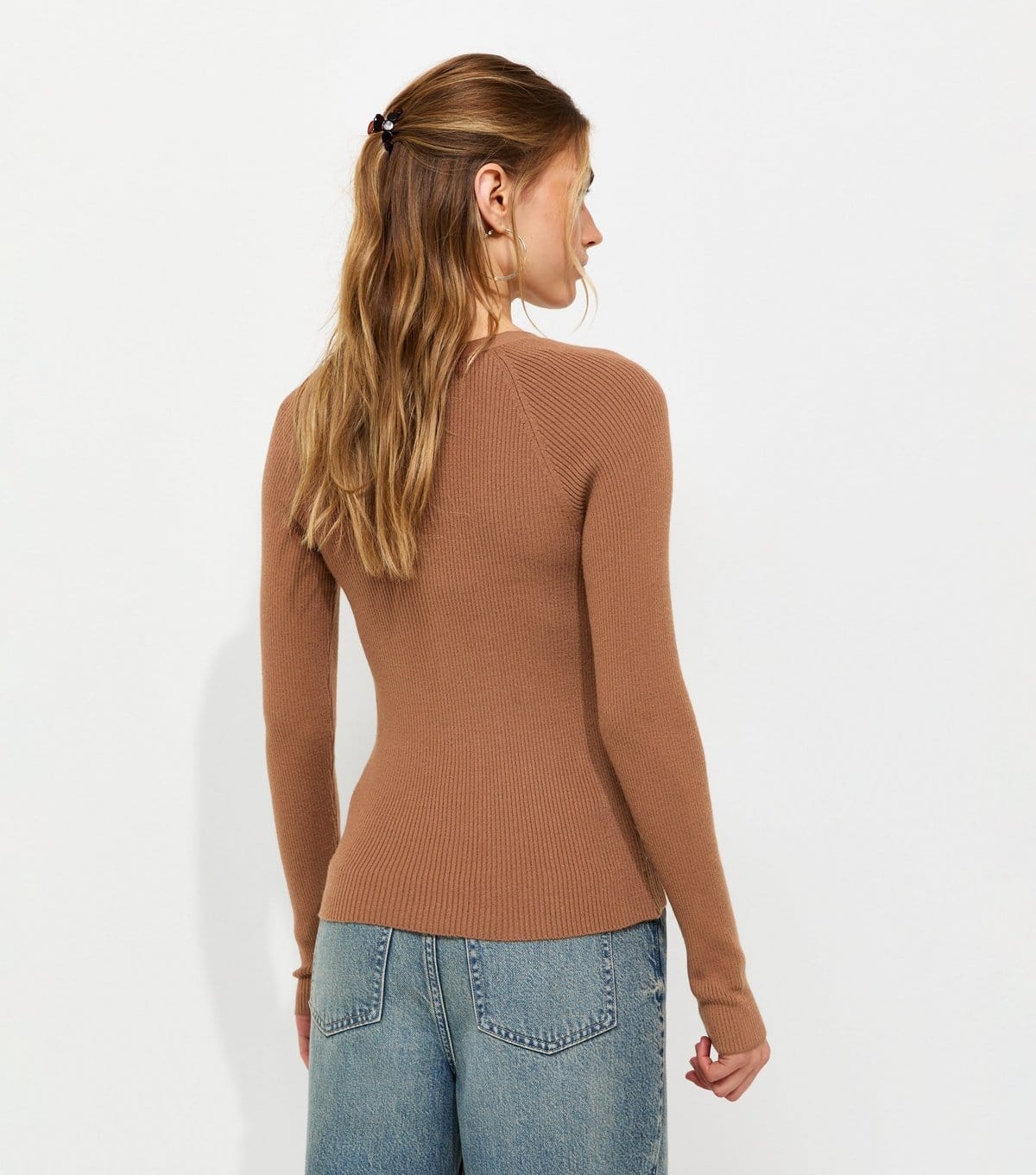 New Look Women's Brown Ribbed Knit Lightweight Henley Top New Look - 4