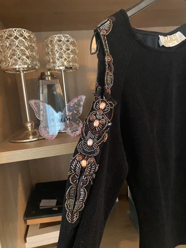 Joseph Ribkoff Vintage Joseph Ribkoff Couture Cold Shoulder Top Black Beaded Size 12/14 Whimsigoth Aesthetic 💎