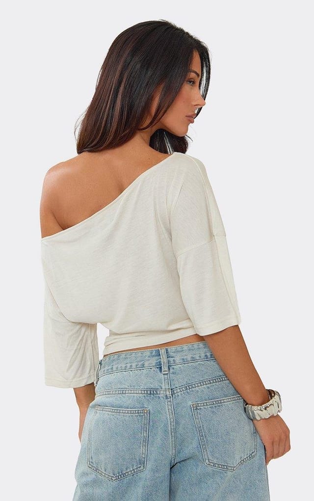 EGO Off The Shoulder Graphic Detail T-Shirt In Cream, Women's Size UK 6 - 2