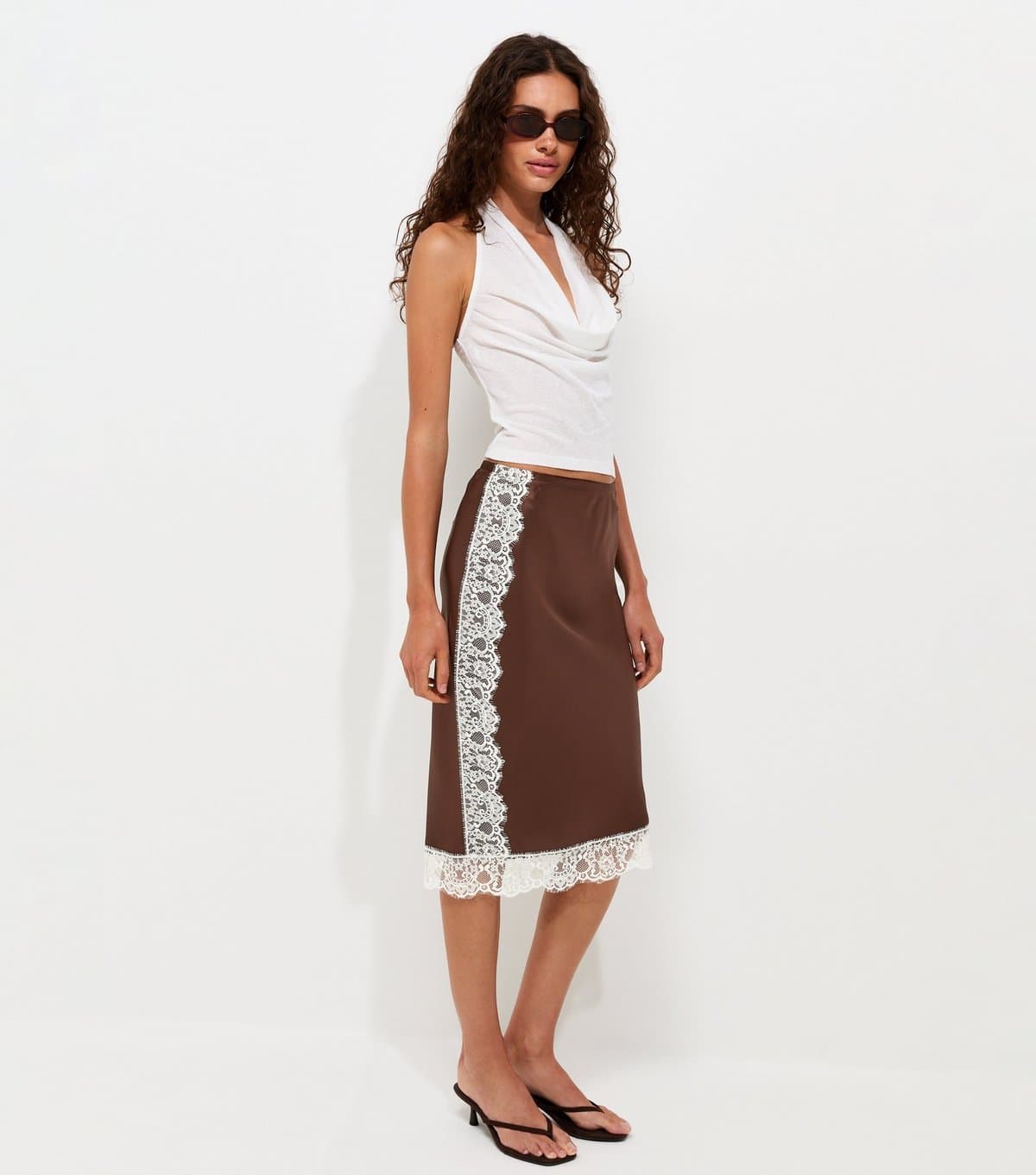 New Look Women's Dark Brown Satin Lace Trim Midi Skirt New Look