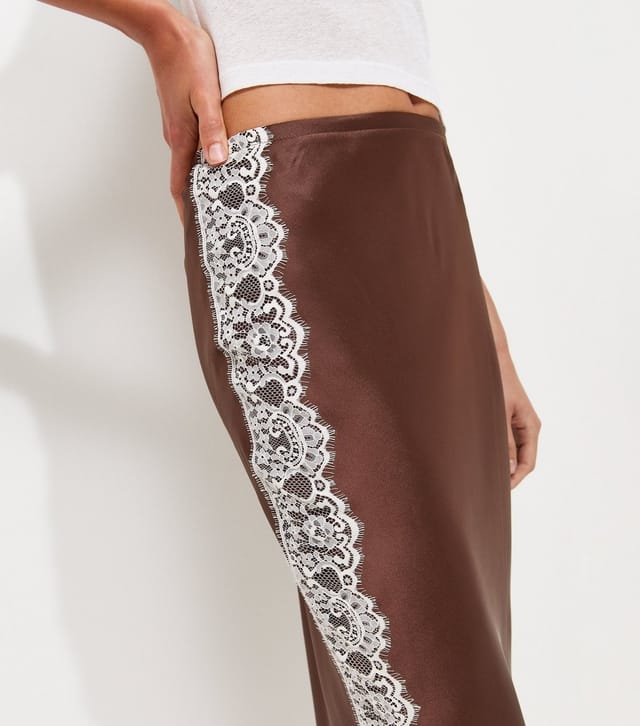 New Look Women's Dark Brown Satin Lace Trim Midi Skirt New Look - 2