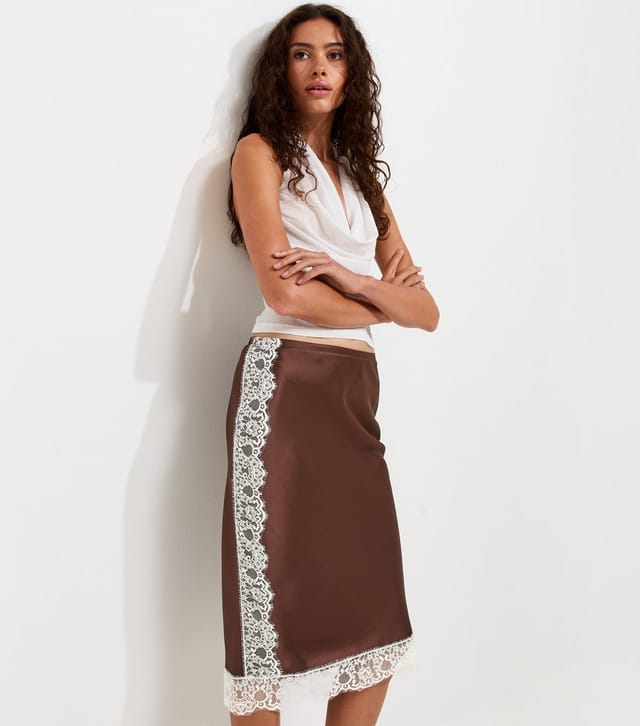 New Look Women's Dark Brown Satin Lace Trim Midi Skirt New Look - 3