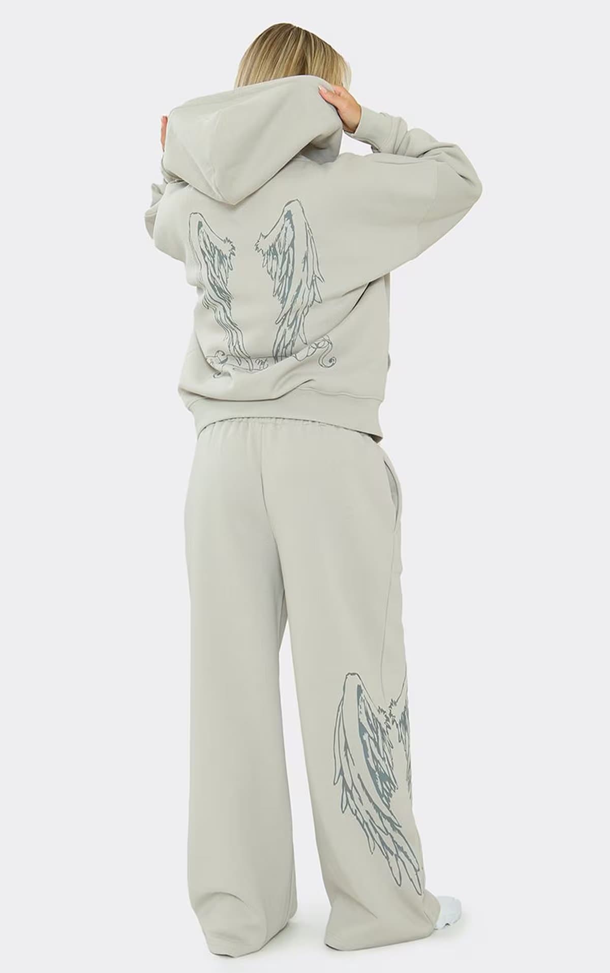 EGO Mid Rise Contrast Graphic Detail Wide Leg Joggers In Grey, Women's Size UK 6