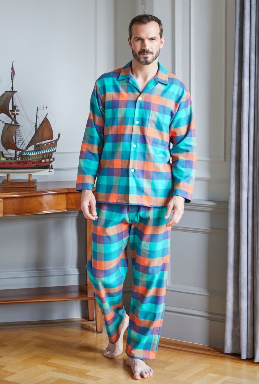 British Boxers British Boxers Men's "Acorn Squash" Check Brushed Cotton Pyjama Set in Dark Green