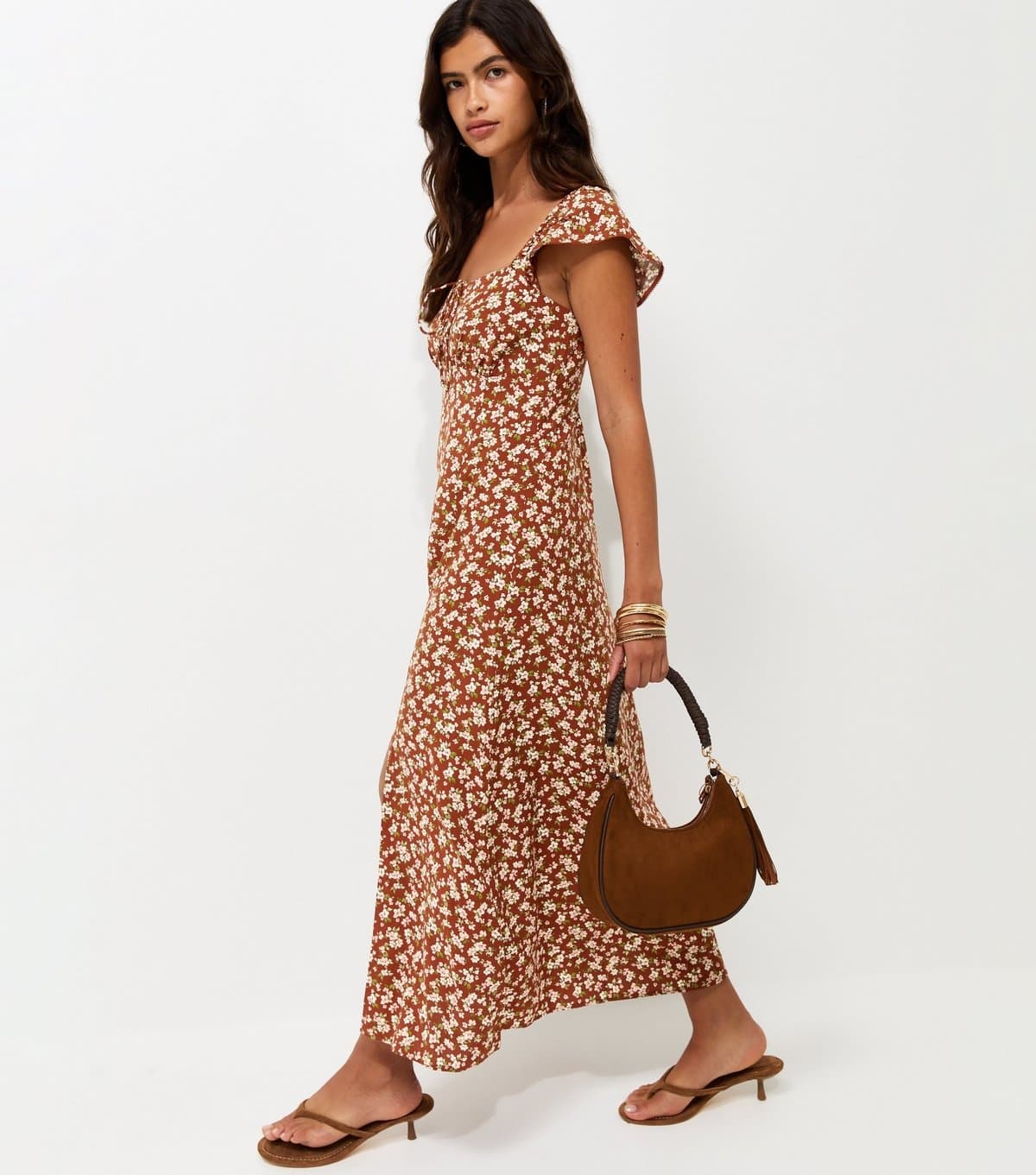 New Look Women's Brown Floral Square Neck Midi Dress New Look