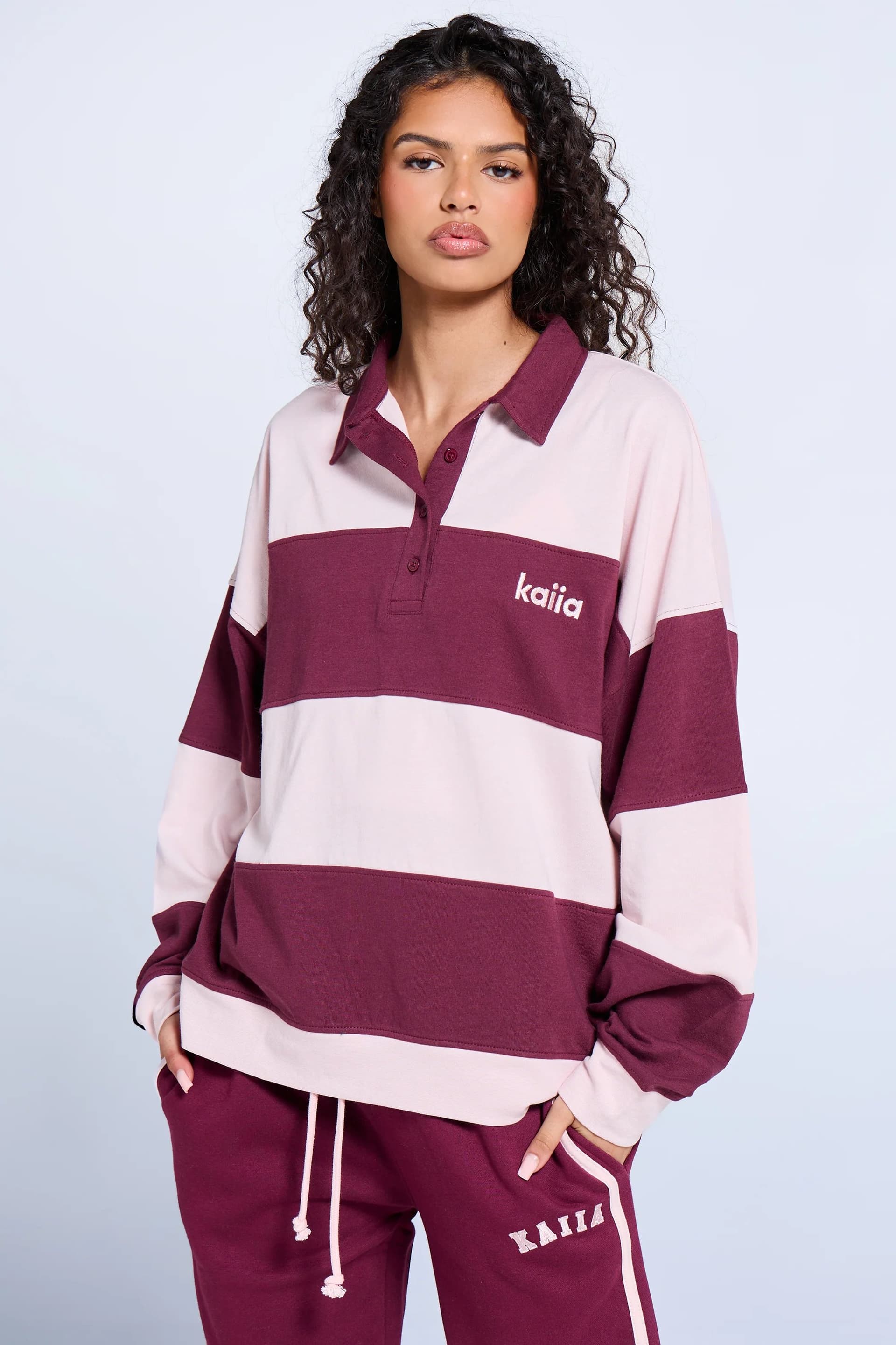 Kaiia Kaiia Dark Cherry & Pink Striped Oversized Rugby Top