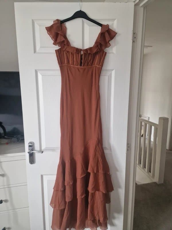 ASOS Asos Design Rust Brown Chiffon Ruffle Maxi Occasion Dress Size 8