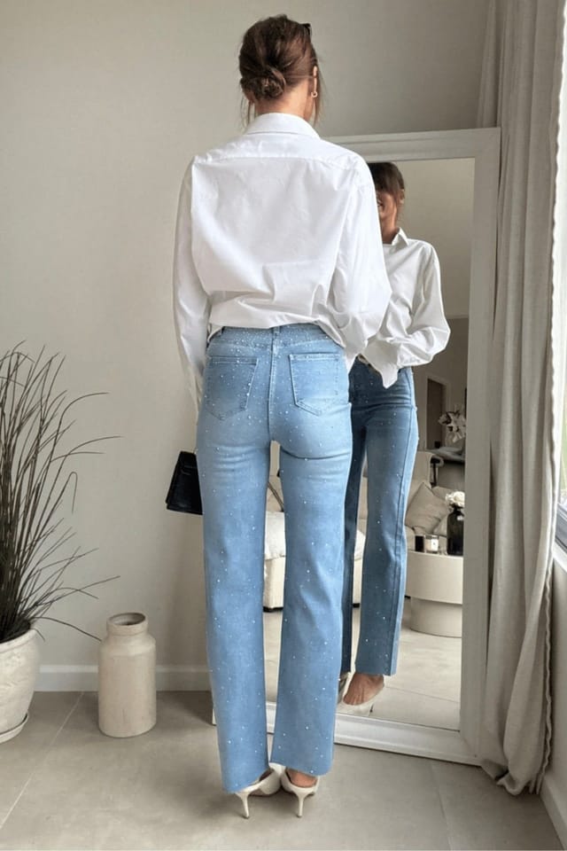 Style Cheat Style Cheat Women's Embellished Hotfix High-Rise Straight Leg Jeans in Blue - 3