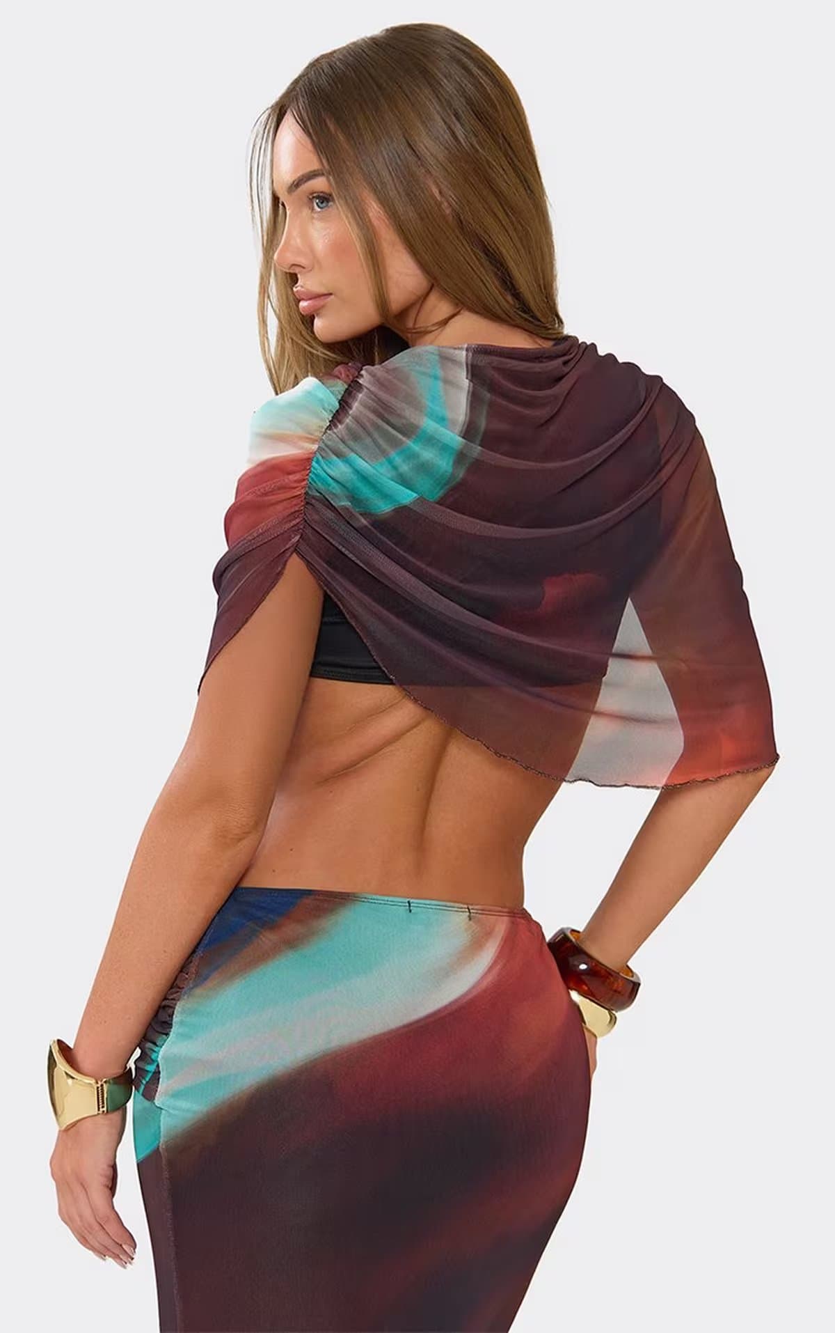 EGO Short Sleeve Cape Top In Brown Abstract Print Mesh, Women's Size UK 6