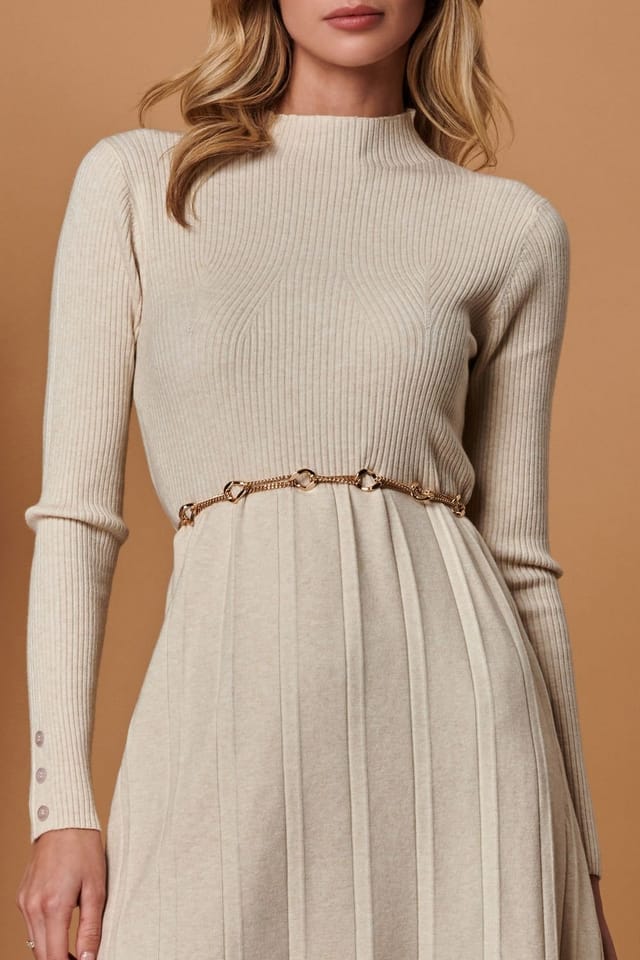 Jolie Moi Jolie Moi Women's Long Sleeve Fit & Flare Knit Dress in Beige - 3