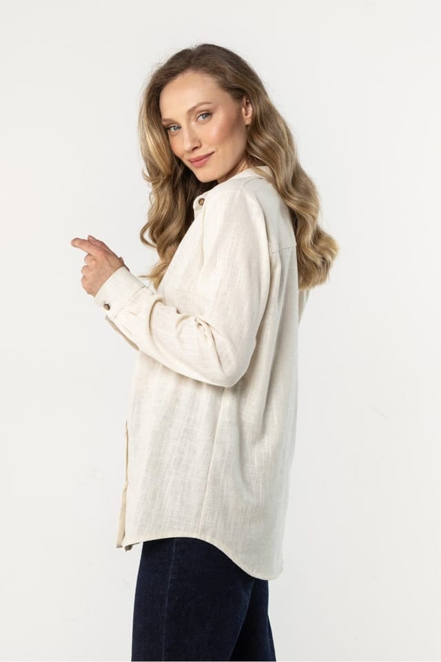 Love Lace Love Lace Women's Loose Fit Linen Long Sleeve Shirt in Beige - 2