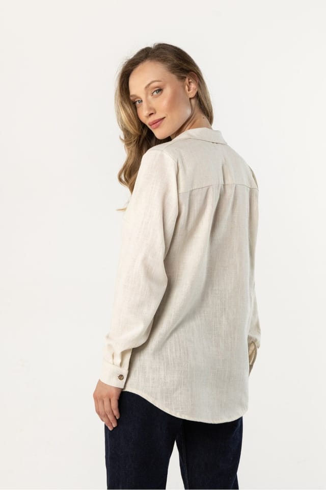 Love Lace Love Lace Women's Loose Fit Linen Long Sleeve Shirt in Beige - 3