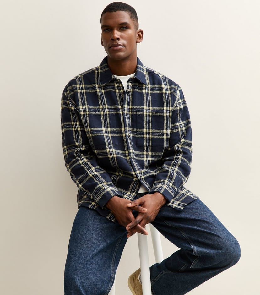 New Look Men's Blue Oversized Checked Long Sleeve Overshirt New Look - 1
