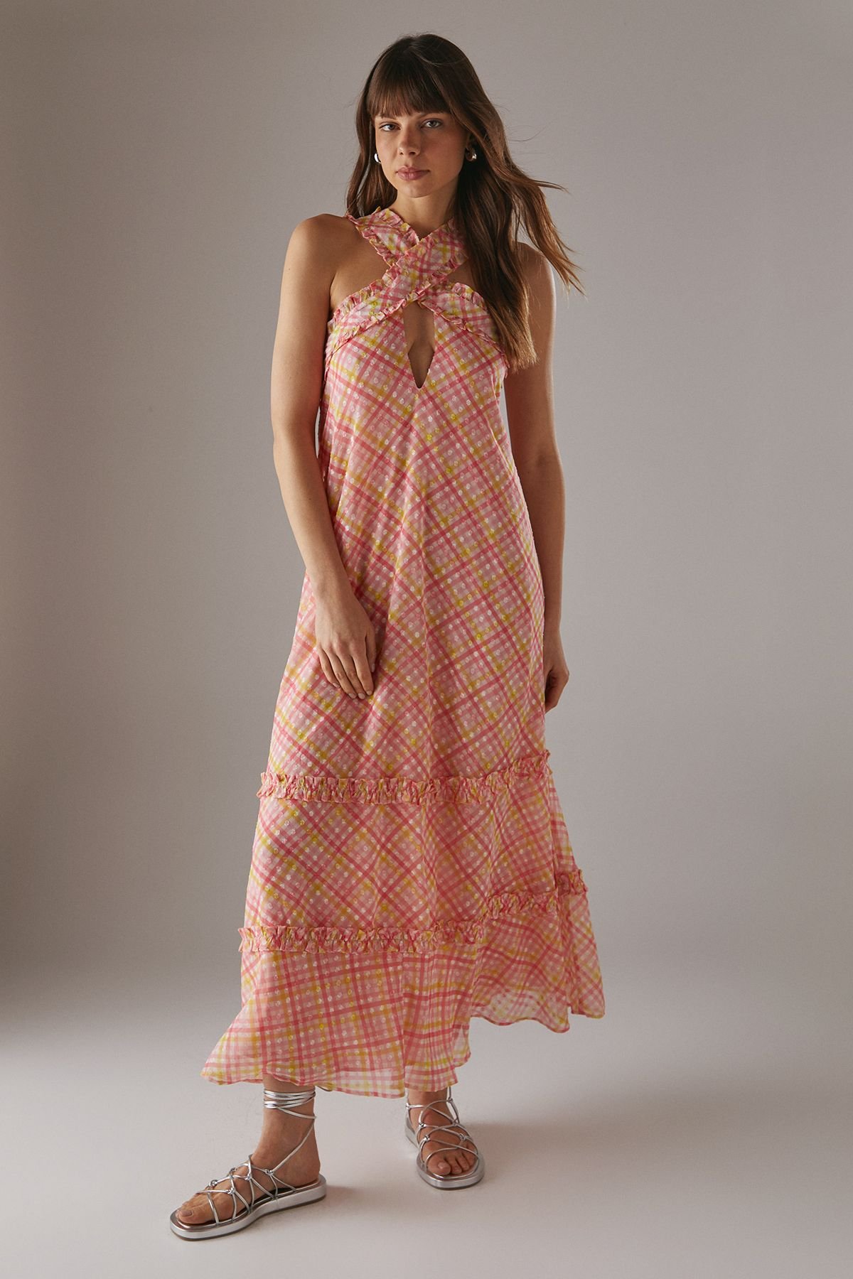 Warehouse Warehouse Women's Dobby Chiffon Frill Halter Tier Ruffle Maxi Dress - 2