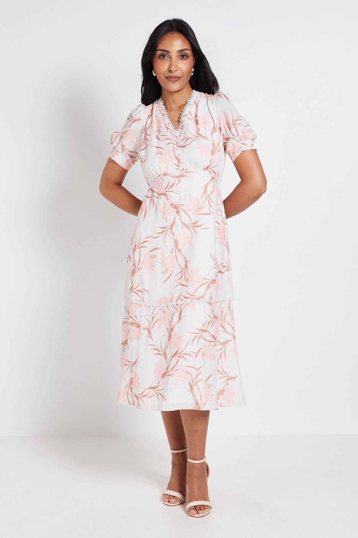 Wallis Wallis Women's Petite Floral Button Midi Tea Dress in Ivory