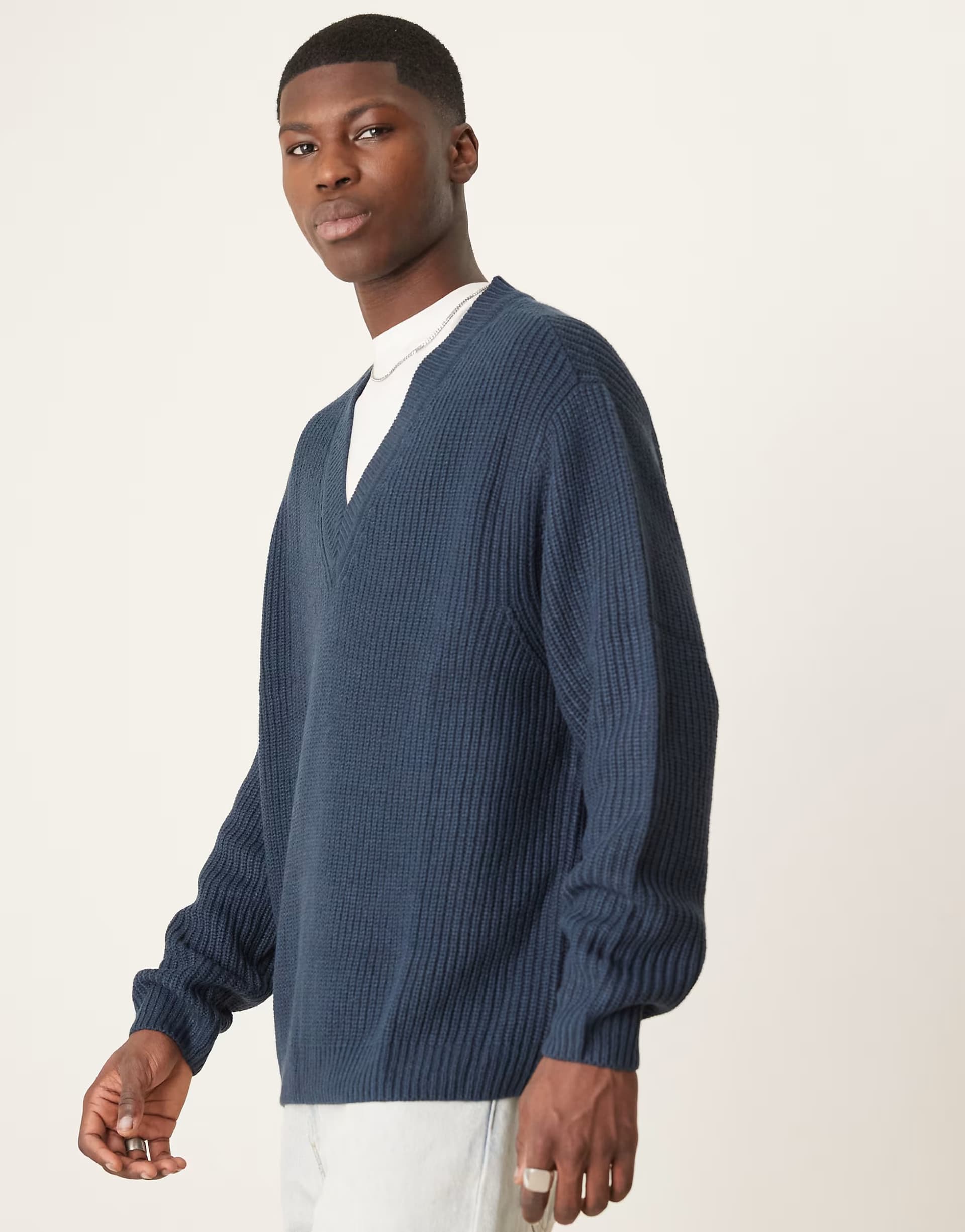 ASOS ASOS DESIGN oversized knitted fisherman rib v-neck jumper in navy