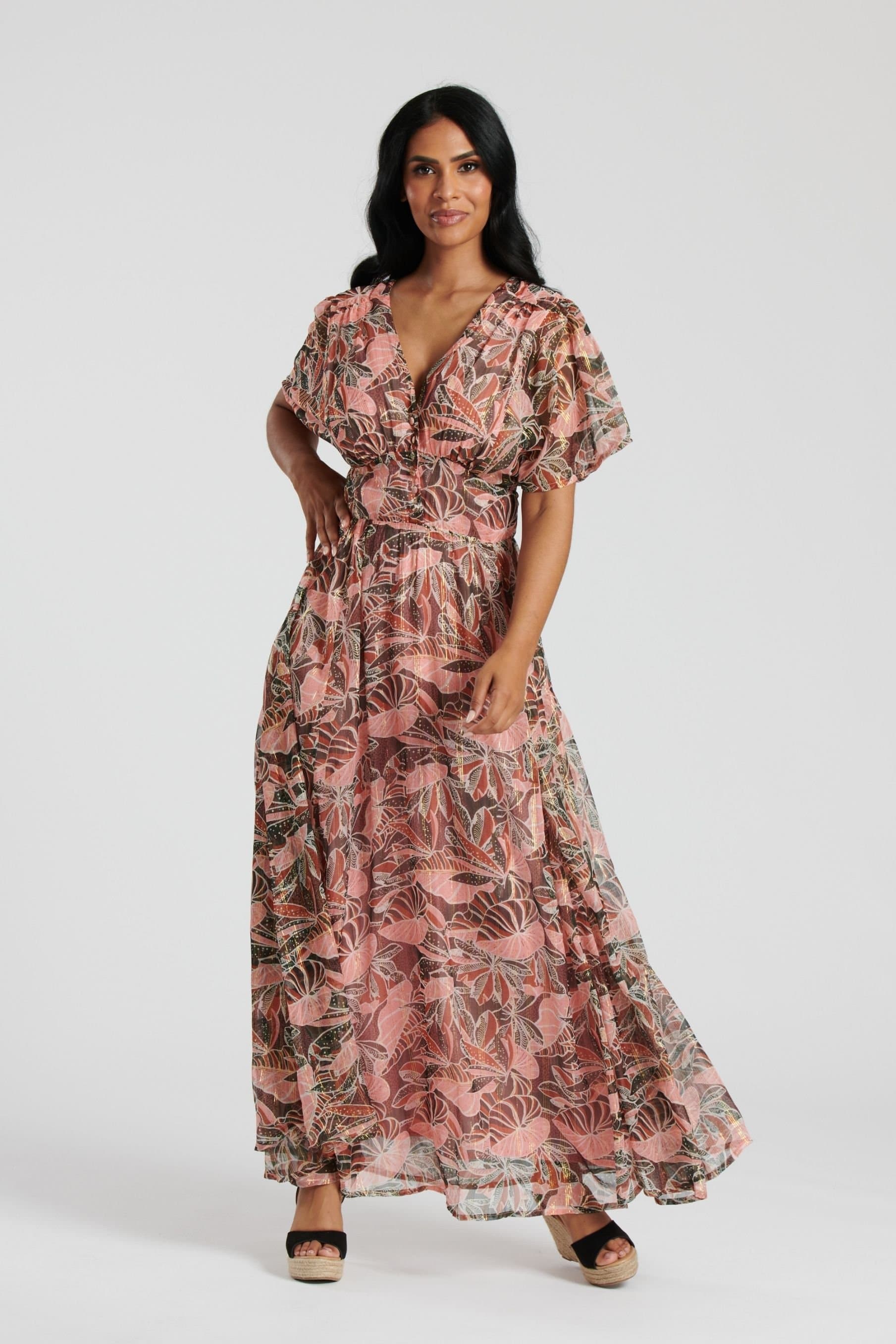 South Beach South Beach Women's Metallic Chiffon Button Detail Maxi Dress in Coral
